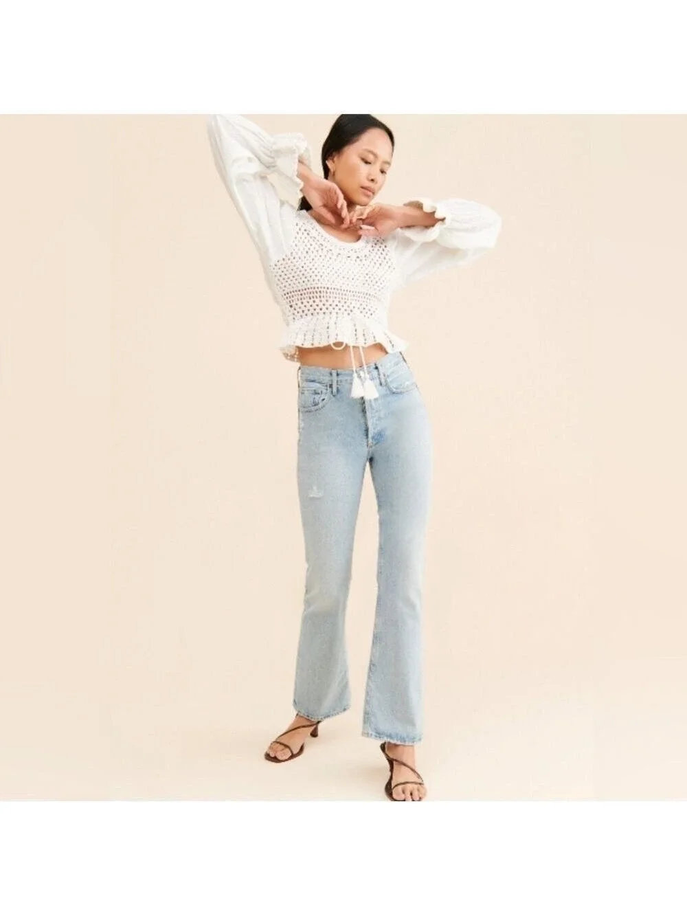 NWT $128 - Free People Megan Scoop Neck Long Puff Sleeve Crochet Top - Multiples